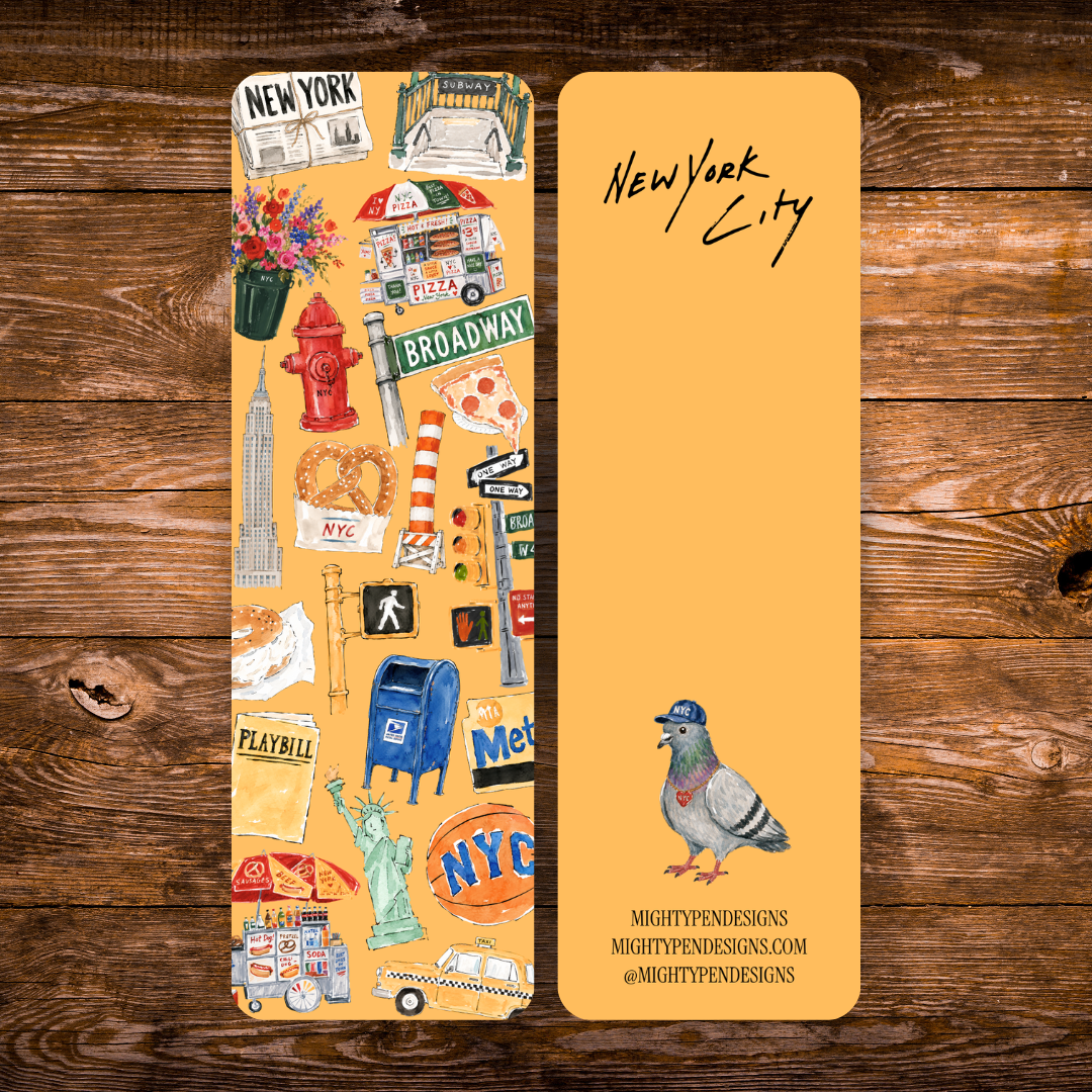 Illustrated New York City bookmark featuring NYC landmarks, subway, pizza, Broadway, Statue of Liberty, Empire State Building, and a pigeon.