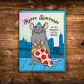 Funny birthday greeting card featuring a smiling New York City rat holding a giant slice of pepperoni pizza with the skyline in the background.