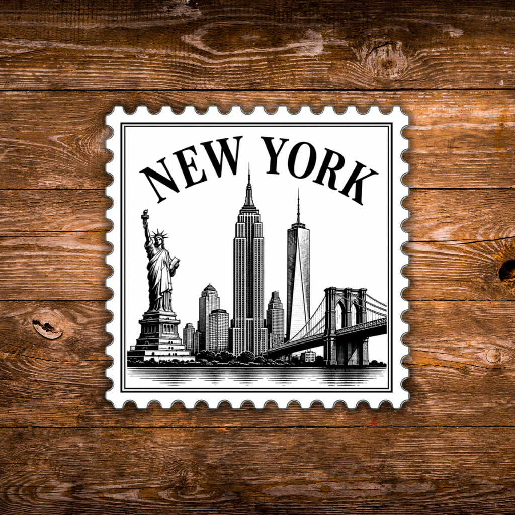 A rectangular New York cityscape stamp-style sticker or print with scalloped edges, featuring black line art of the Statue of Liberty, Empire State Building, One World Trade Center, and Brooklyn Bridge on a white background, placed on a rustic brown wood surface.
