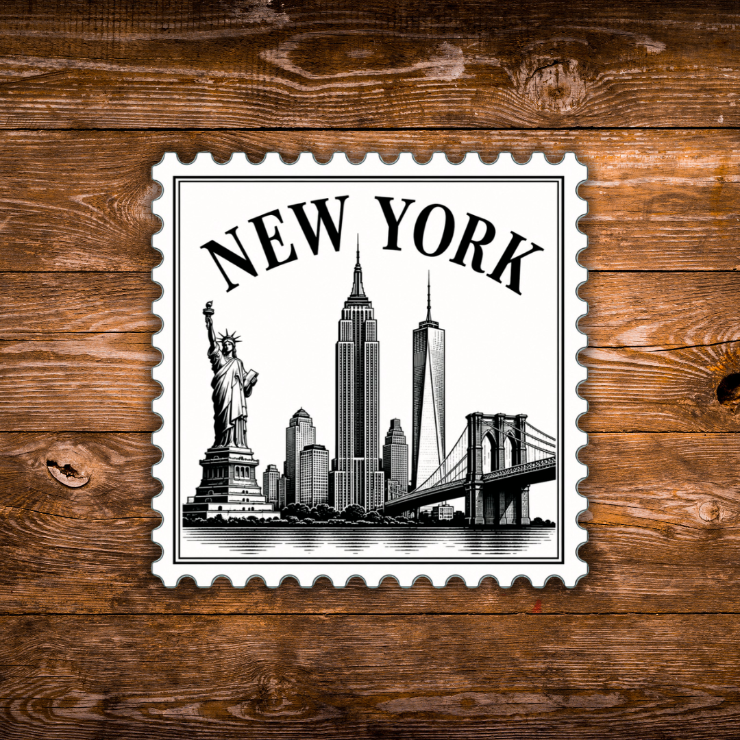 A rectangular New York cityscape stamp-style sticker or print with scalloped edges, featuring black line art of the Statue of Liberty, Empire State Building, One World Trade Center, and Brooklyn Bridge on a white background, placed on a rustic brown wood surface.