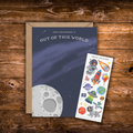 Interactive space birthday greeting card featuring a moon, starry night sky, and "Hope Your Birthday is Out of This World" with a matching space-themed sticker sheet including astronauts, rockets, planets, and aliens.