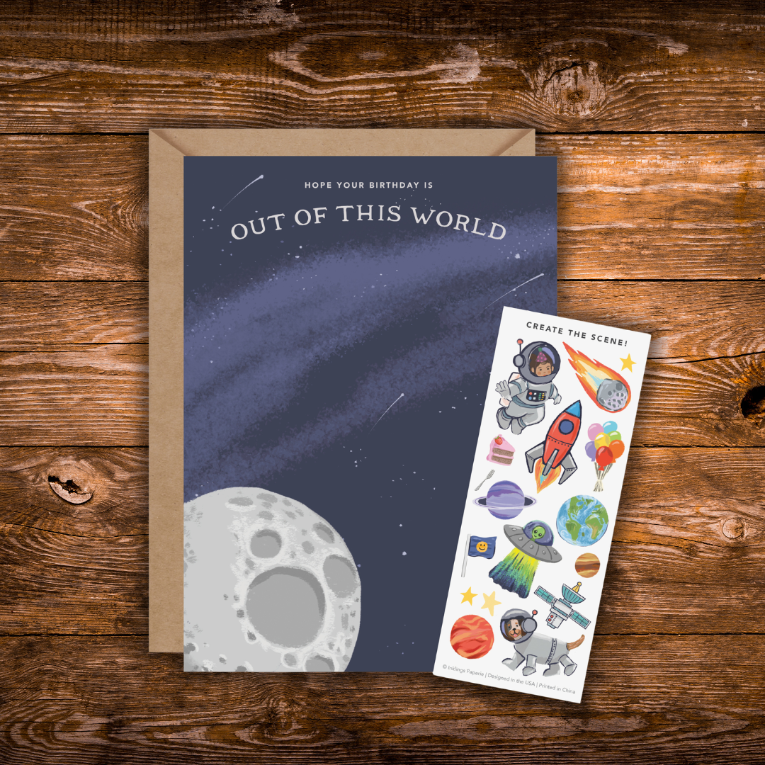 Interactive space birthday greeting card featuring a moon, starry night sky, and "Hope Your Birthday is Out of This World" with a matching space-themed sticker sheet including astronauts, rockets, planets, and aliens.
