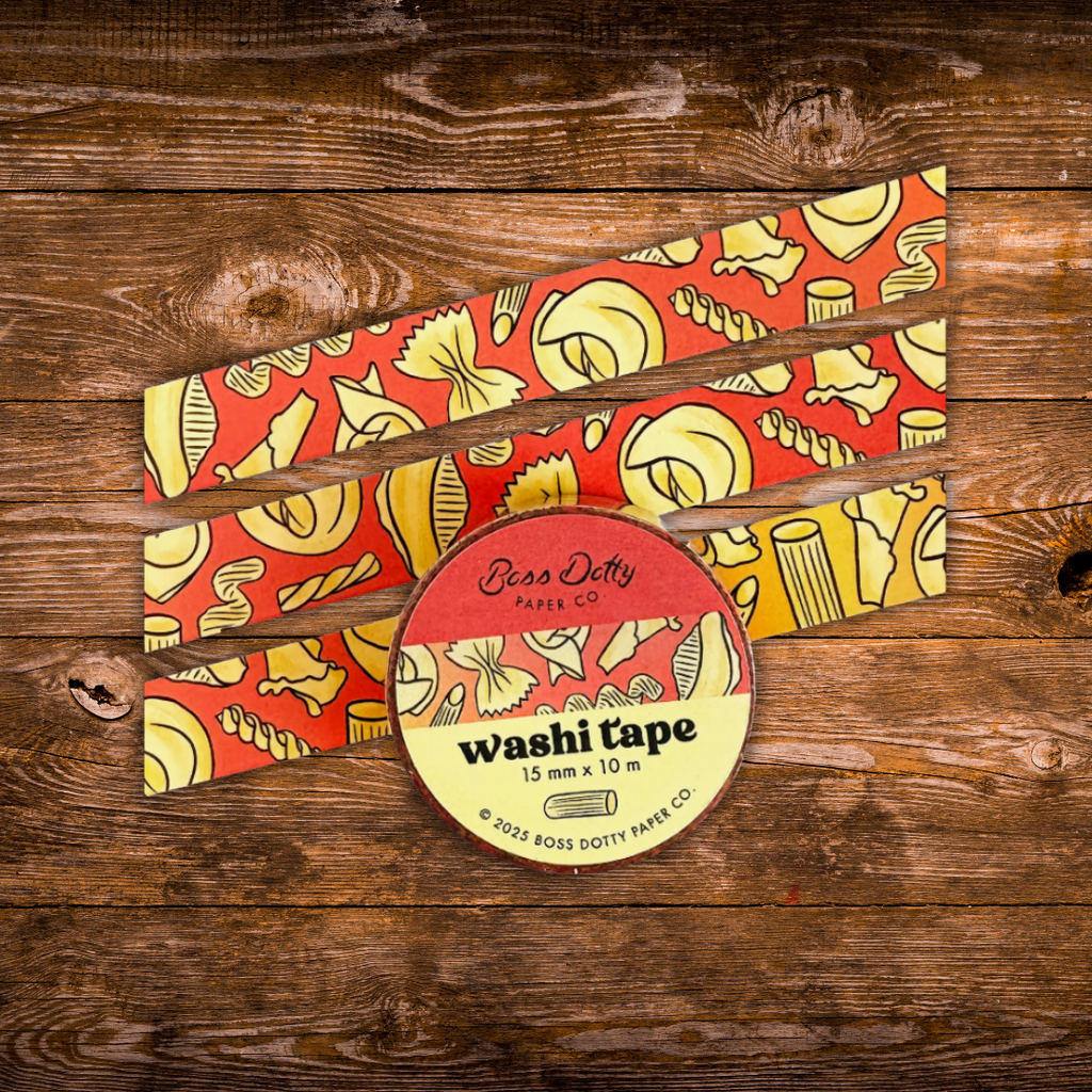 Decorative washi tape featuring illustrated pasta shapes including ravioli, rigatoni, fusilli, shells, and farfalle on a red background.