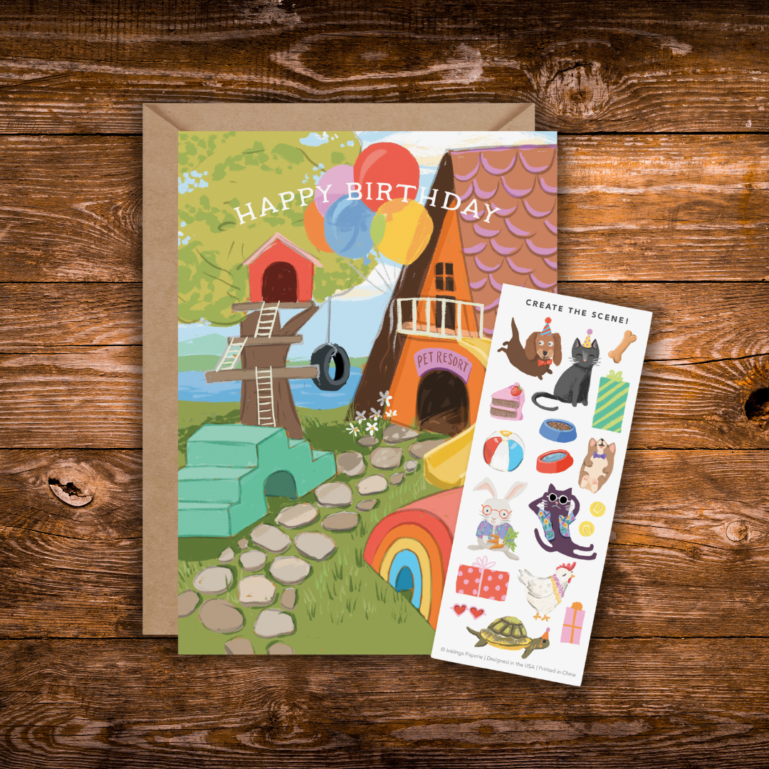 Interactive pet birthday greeting card featuring a whimsical pet resort with balloons, play areas, and a matching pet-themed sticker sheet with cats, dogs, rabbits, turtles, treats, and presents.