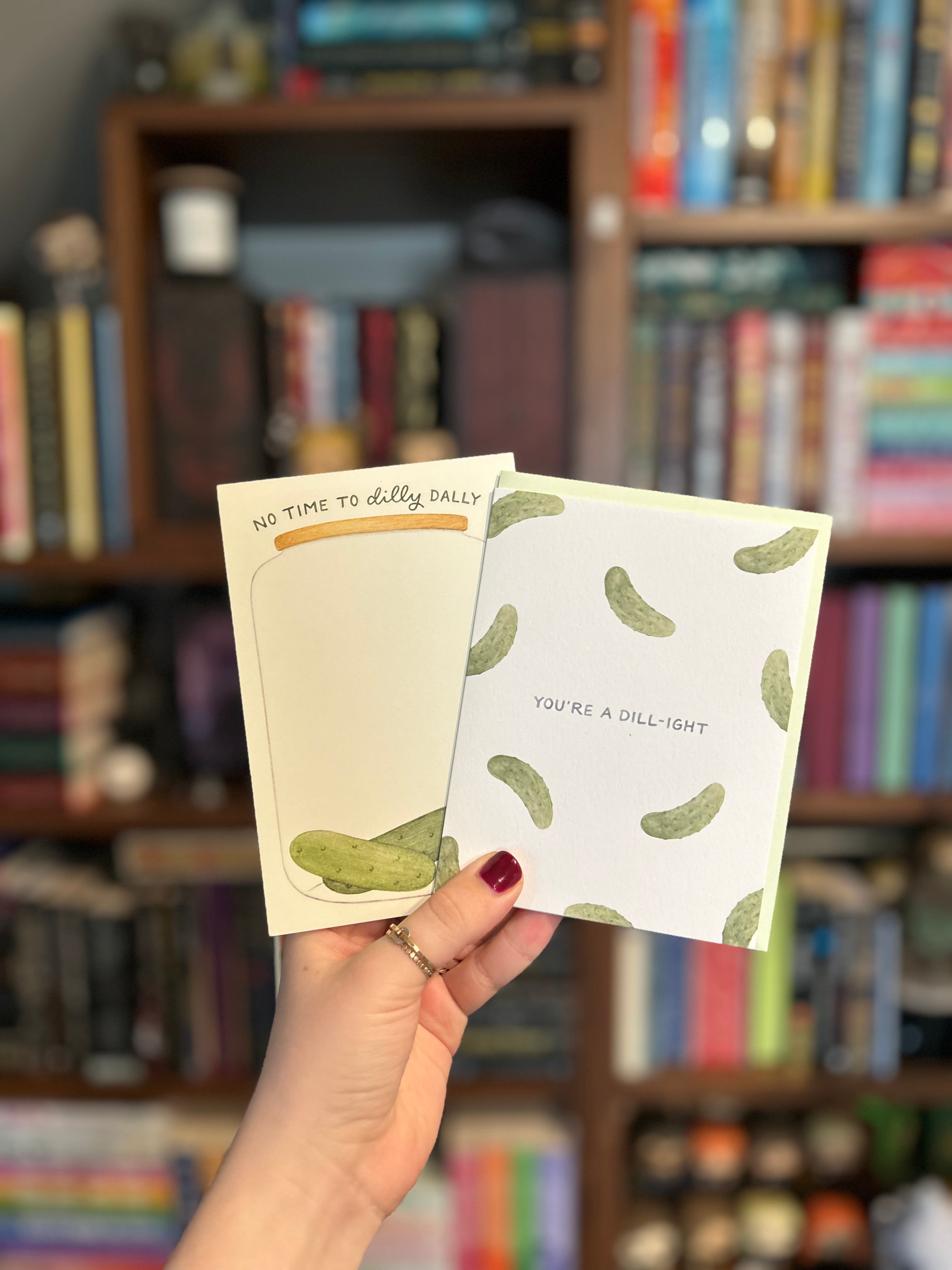 Matching pickle-themed greeting card and tear-away notepad gift set featuring funny dill puns.