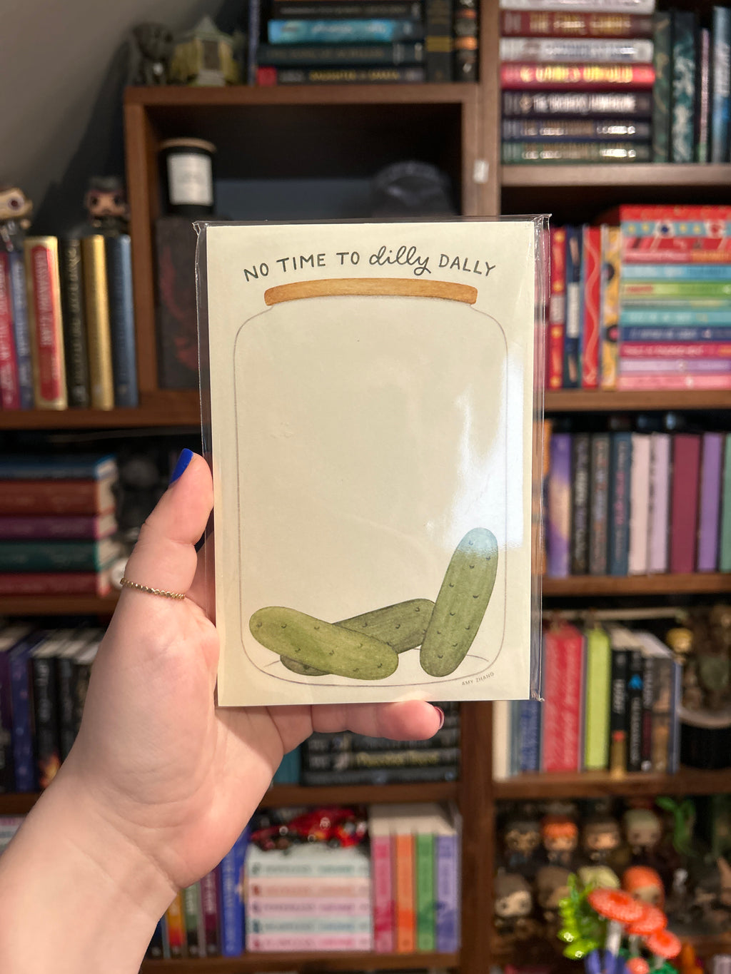 Funny pickle notepad featuring a pickle jar illustration with the phrase "No Time to Dilly Dally."