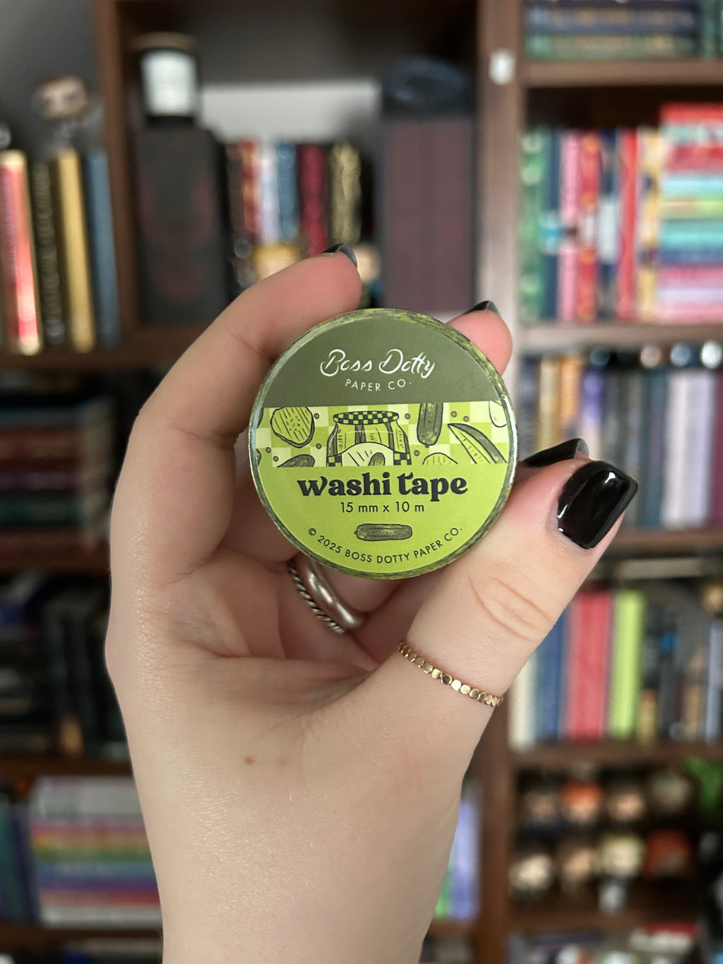 Decorative washi tape featuring illustrated pickle jars, pickle slices, whole pickles, and a green picnic-inspired pattern.
