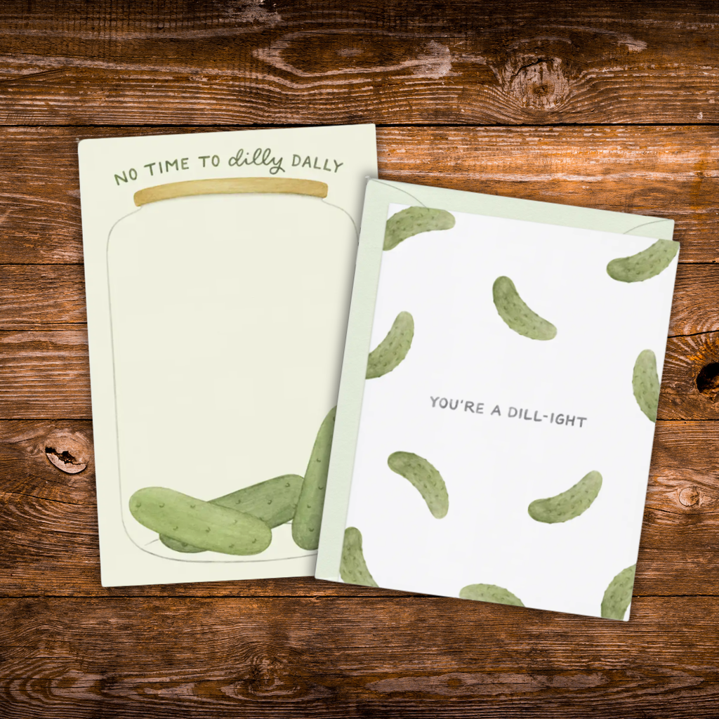 Matching pickle-themed greeting card and tear-away notepad gift set featuring funny dill puns.