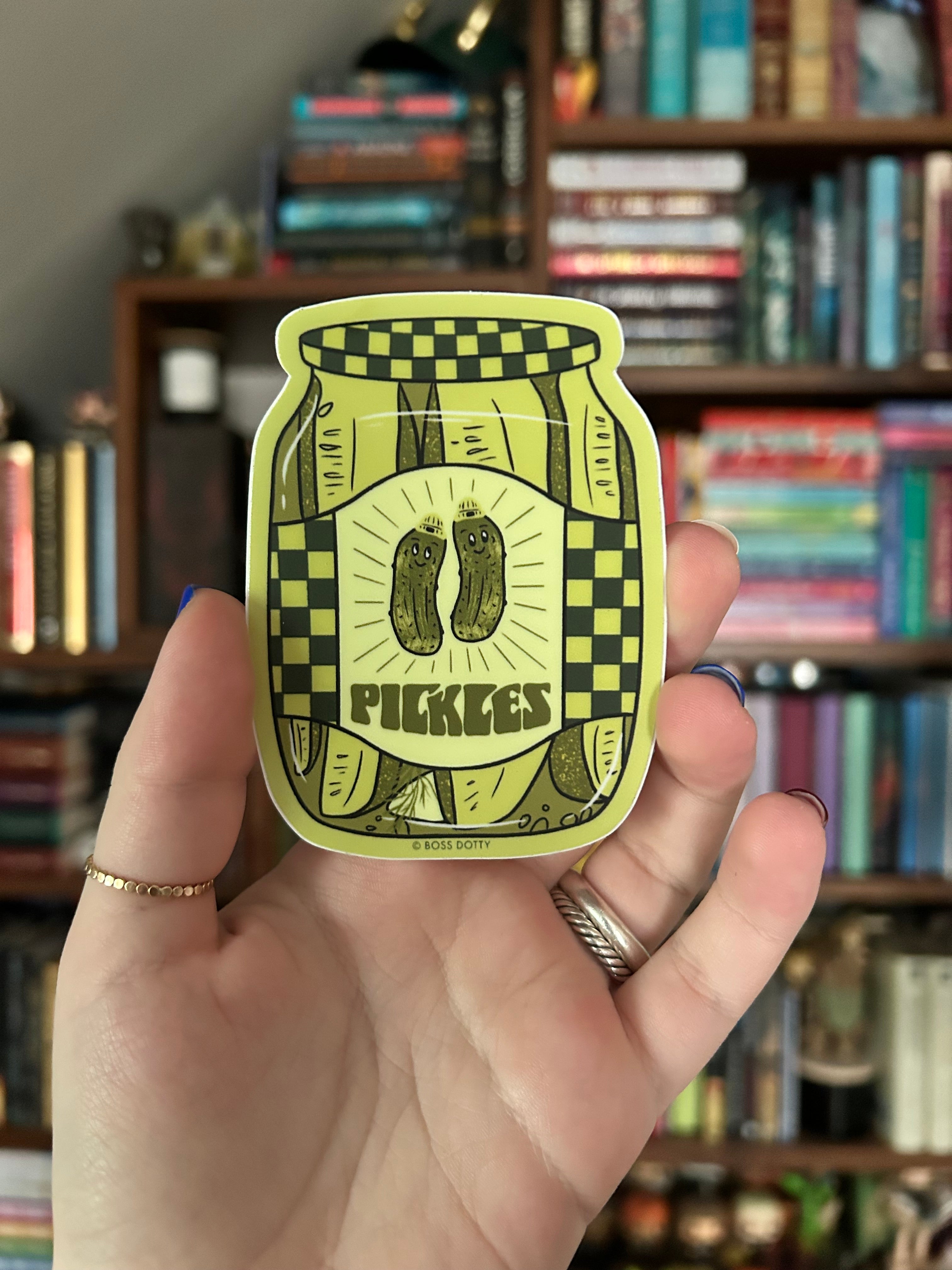 Waterproof vinyl sticker featuring a retro-style jar filled with smiling pickles.