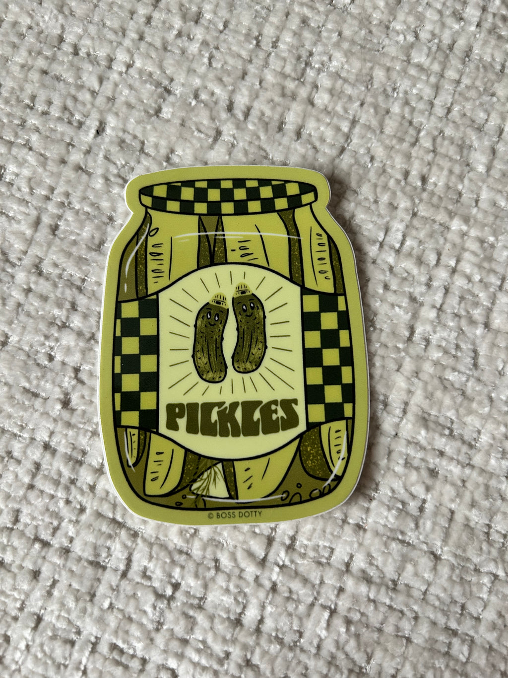 Waterproof vinyl sticker featuring a retro-style jar filled with smiling pickles.