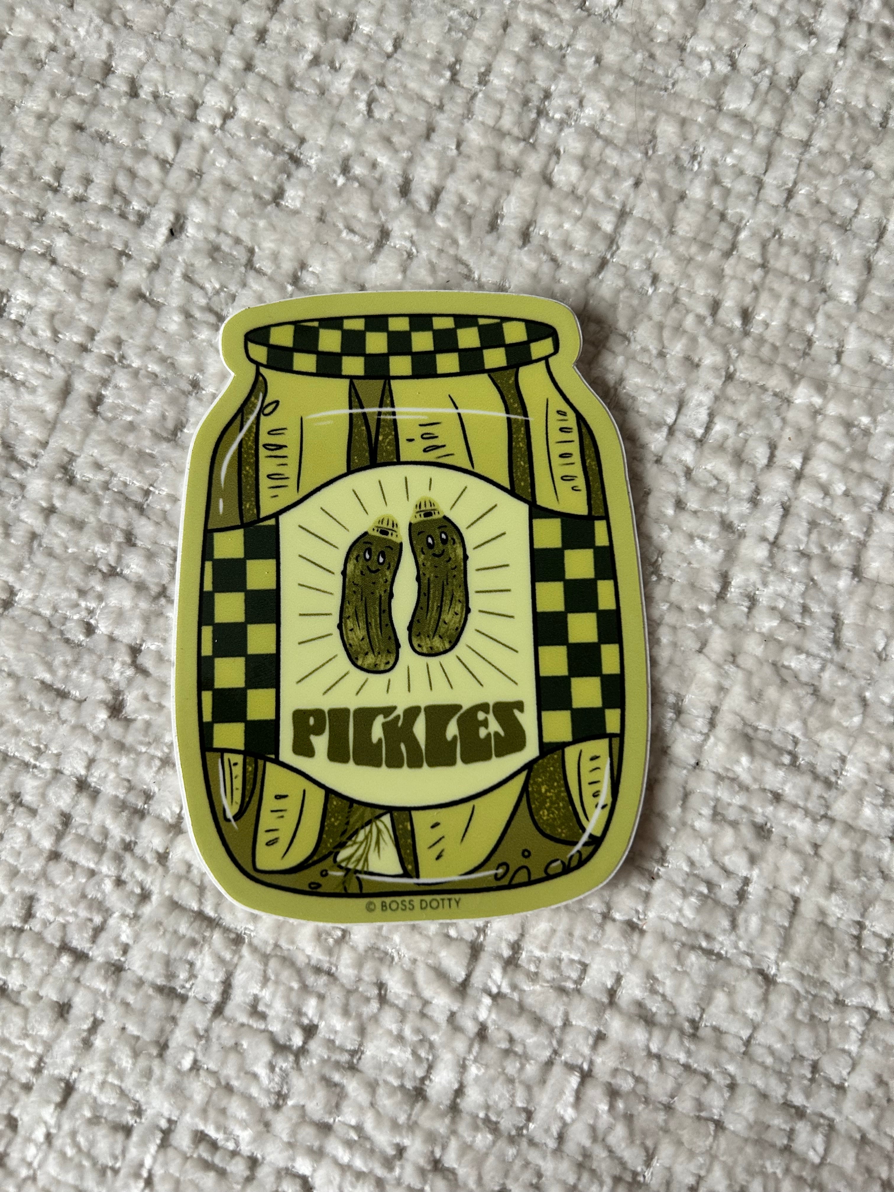Waterproof vinyl sticker featuring a retro-style jar filled with smiling pickles.