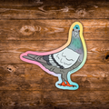 A die-cut sticker of a stylized pigeon with a rainbow gradient outline, placed on a rustic brown wooden plank background.