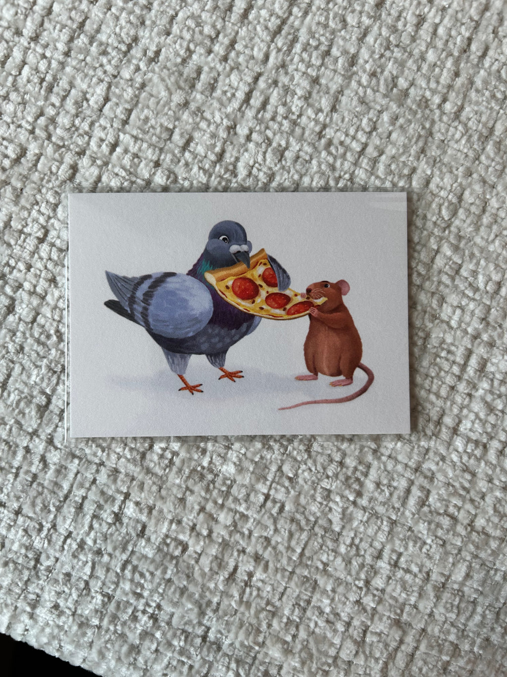 Mini art print featuring a pigeon and a rat sharing a slice of pepperoni pizza on a white background.