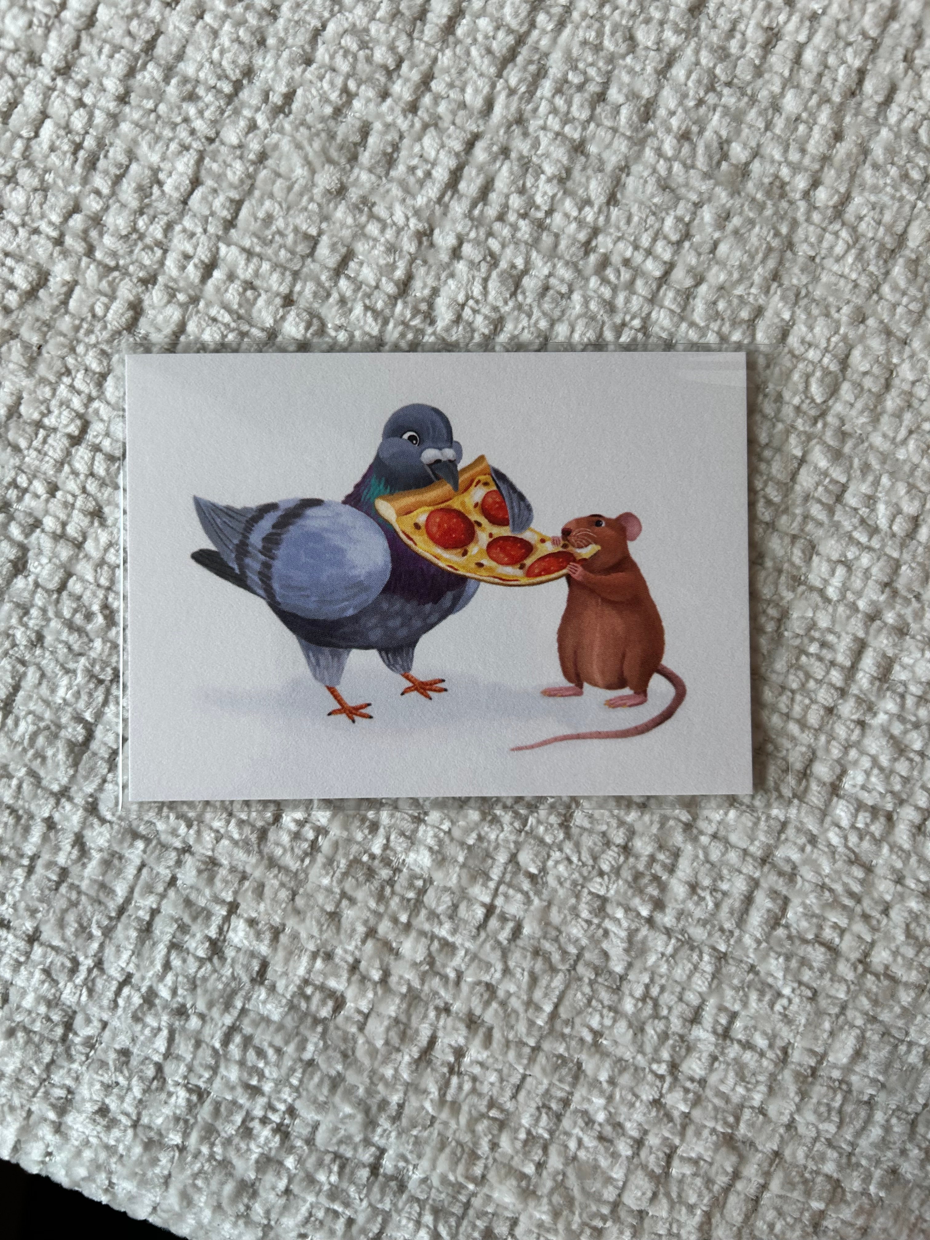 Mini art print featuring a pigeon and a rat sharing a slice of pepperoni pizza on a white background.