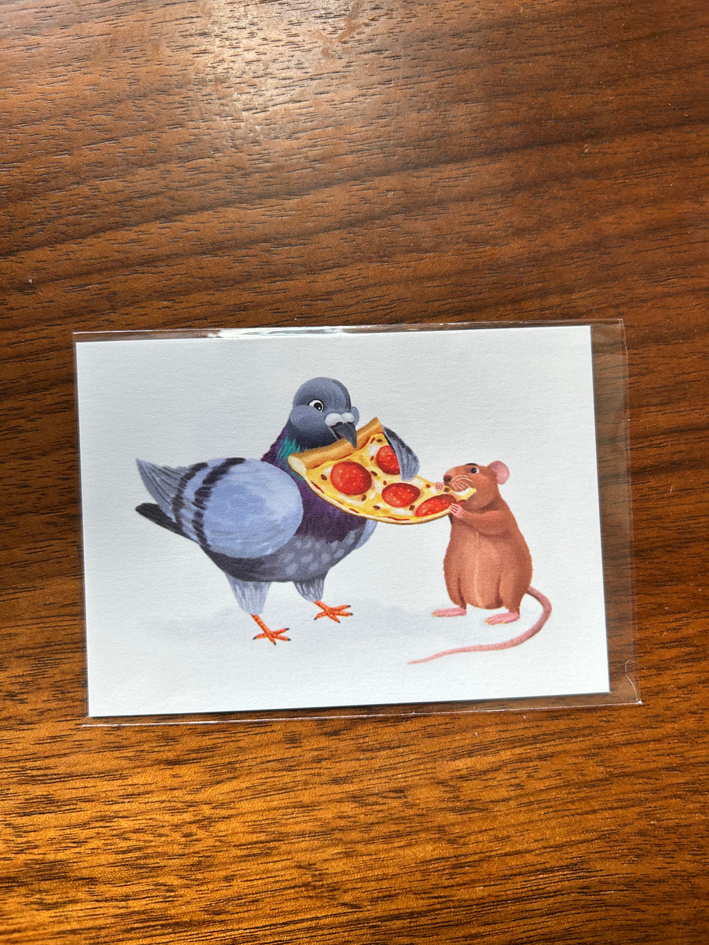 Mini art print featuring a pigeon and a rat sharing a slice of pepperoni pizza on a white background.
