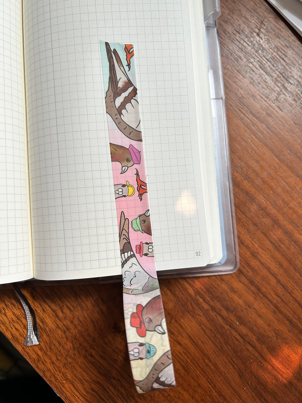 Decorative washi tape featuring whimsical New York City pigeons wearing colorful hats and accessories on pastel backgrounds.