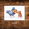 Mini art print featuring a pigeon and a rat sharing a slice of pepperoni pizza on a white background.