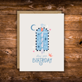 Fantasy-inspired birthday greeting card featuring a magical sword surrounded by stars, hearts, a crescent moon, and the message "Slay Your Birthday" on a soft neutral background.
