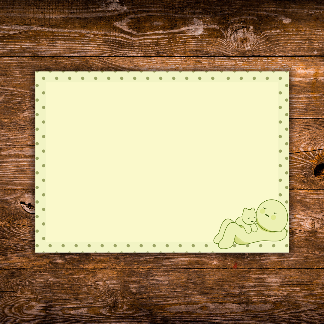 5 x 7 pastel yellow-green notepad featuring a sleepy green character lounging beside a small cat in the bottom-right corner, framed by a green dotted border.