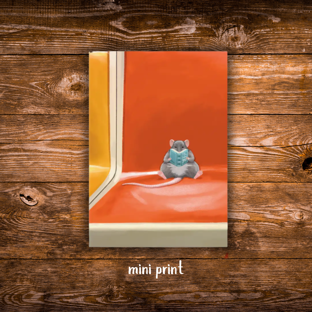 Mini art print featuring a small rat reading a book while sitting on an orange New York subway seat.
