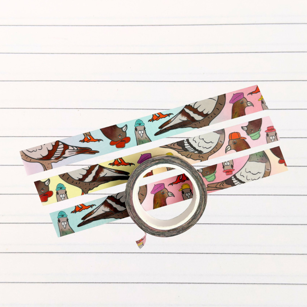 Decorative washi tape featuring whimsical New York City pigeons wearing colorful hats and accessories on pastel backgrounds.