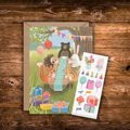 Woodland birthday greeting card featuring a bear, bunny, hedgehog, squirrel, and chipmunk celebrating at a picnic with balloons, presents, and a matching birthday sticker sheet.